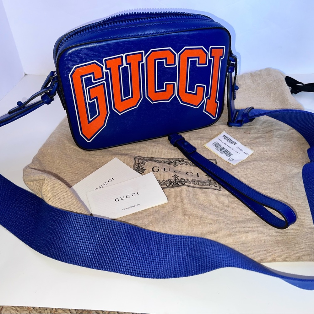 New Gucci Royal Blue Crossbody with Bold Orange Logo